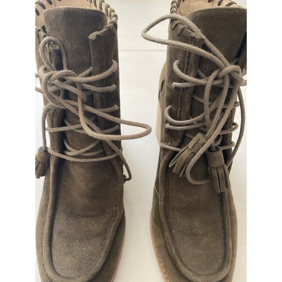 Stuart Weitzman Ankle Boots Wallawalla Suede Lace Up Tassels Green - Picture 10 of 16